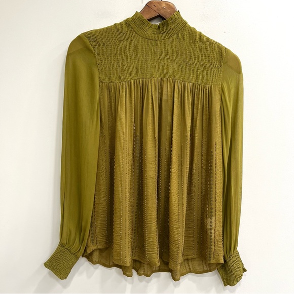 Anthropologie Blank London green beaded sequined mock neck blouse smocked XS - Picture 3 of 12